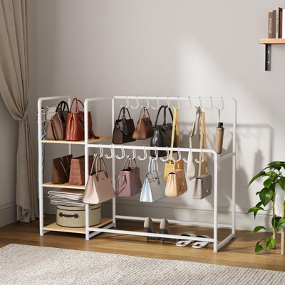 Spacious 3-Tier Purse Organizer Rack with 20 Hangers, 3 Side Hooks & Movable Wheels – Large Wooden Handbag Storage Shelf for Closet, Bedroom, Entryway – White