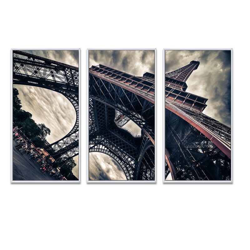 Paris Paris Eiffel Towerin Grungy Dramatic Style - Cityscape, ensemble d'art mural sur toile, encadré de 3, Cadre blanc