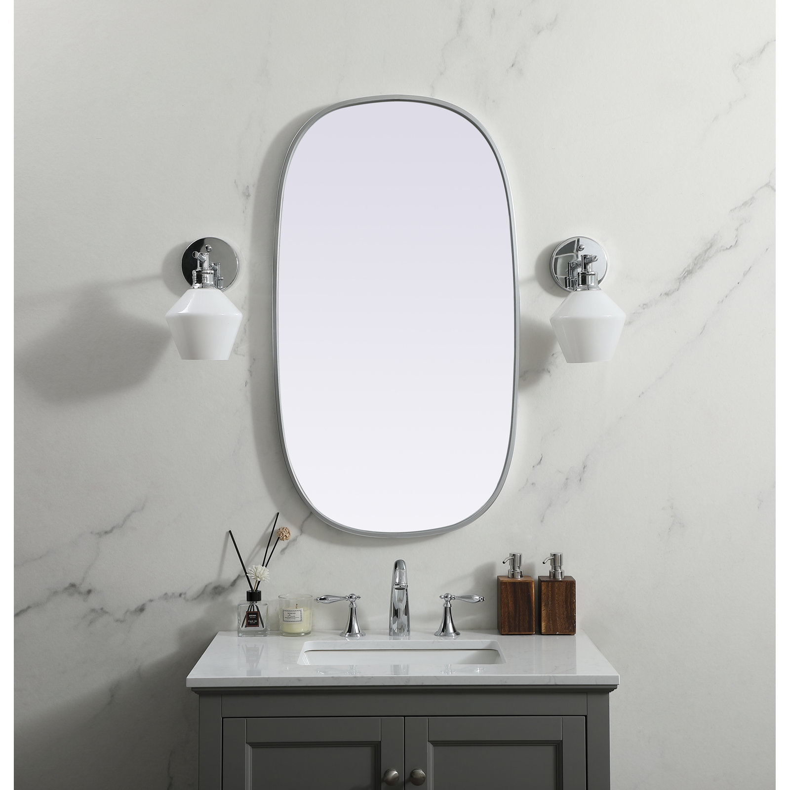 Sabine Metal Curved Oval Wall Mirror, Silver, 36" x 20"