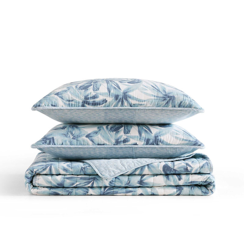 Tommy Bahama Aubrey Cotton Reversible Quilt Set, Blue Floral, Queen Quilt + 2 Standard Pillow Shams