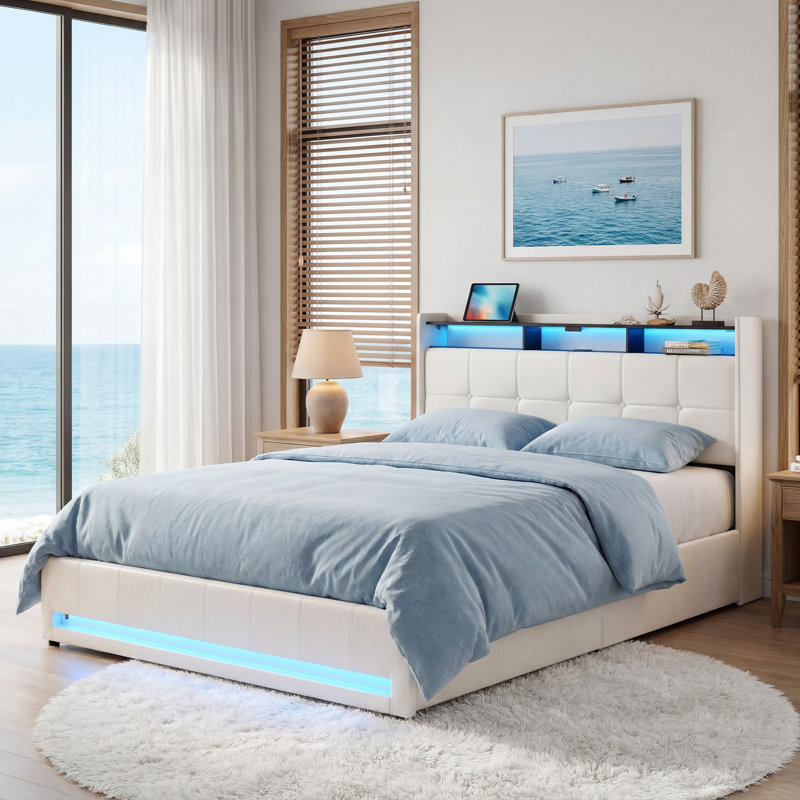 Base de lit rembourrée avec rangement à DEL avec lumières DEL et station de charge, lit plateforme, aucun sommier nécessaire