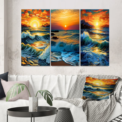 " Bright Sunset of Waves Breaking at the Shore " 3 Piece Art Set