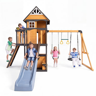 Wooden Swing Sets Playground with Slide Outdoor Playset All-in-One