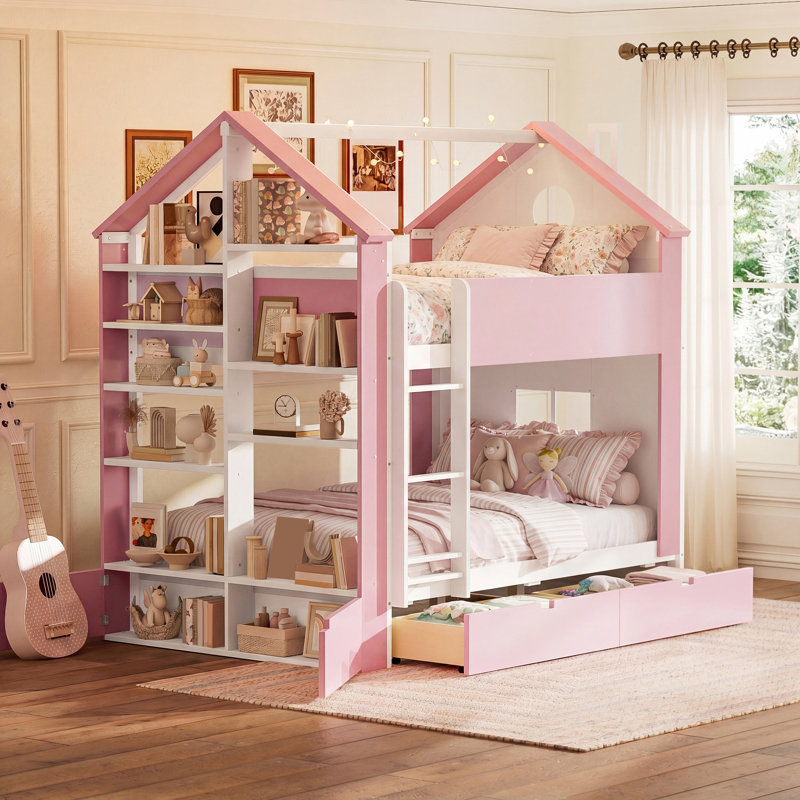 Lit superposé double avec tiroirs et tablettes de rangement, structure moderne en bois bicolore avec bande lumineuse à DEL, blanc et rose