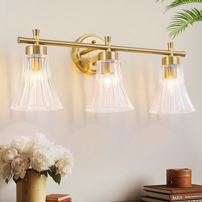Luminaire de meuble-lavabo de salle de bain 9,5 po en laiton rétro avec abat-jour en verre cannelé transparent (options 1/2 lumières)