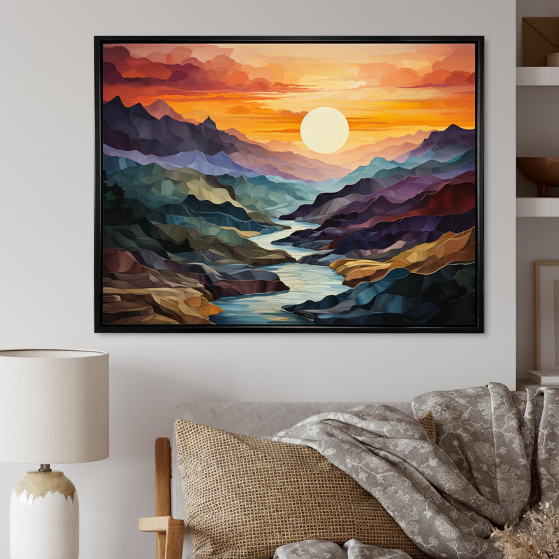 «Orange Teal Mountains Bold Landscape», reproduction d'art sur toile, H 30 po x l 40 po x P 1,5 po, Cadre flottant noir