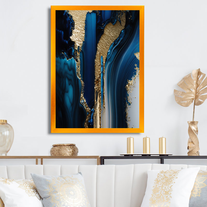 " Abstract Geode Waves Gold II ", Gold Picture Framed Canvas, 16" W x 32" H