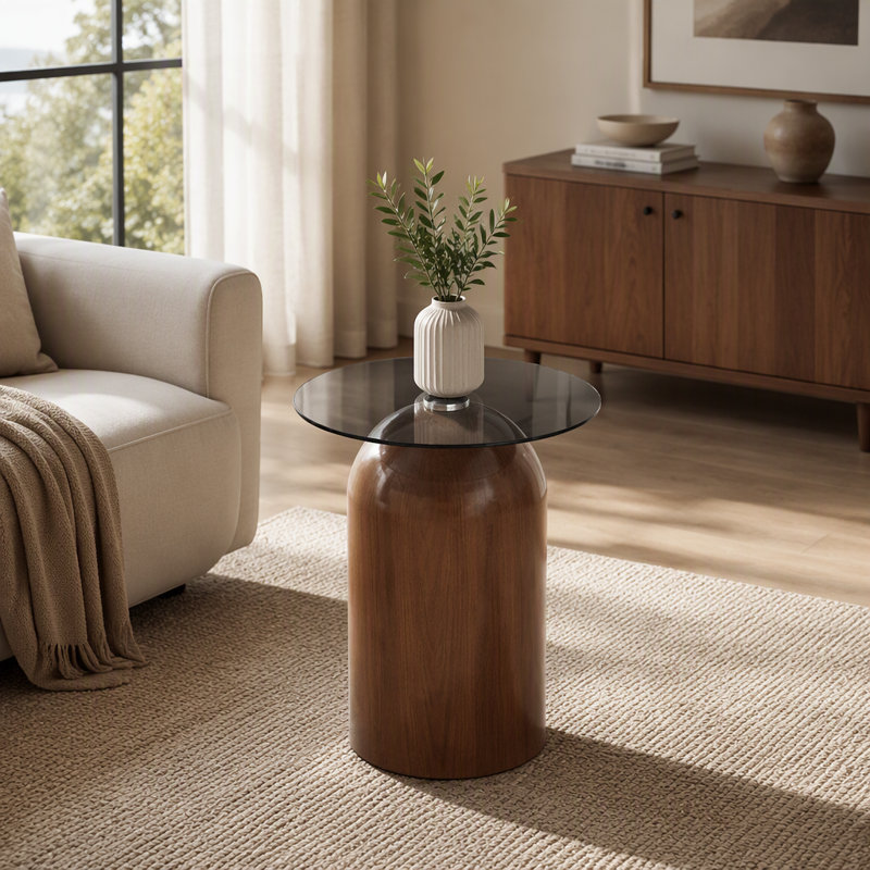 Petite table basse, table centrale ronde avec plateau en verre trempé, Noyer - 1pc