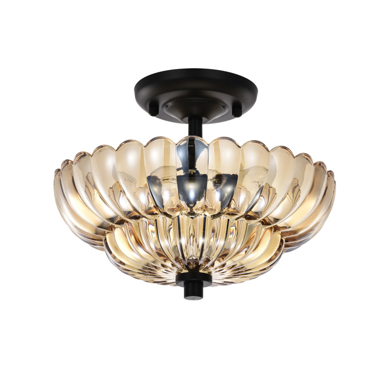 Chloe Modern 3-Light Black Semi Flush Mount - Amber Textured Glass Bowl Shade, Amber, Colorful
