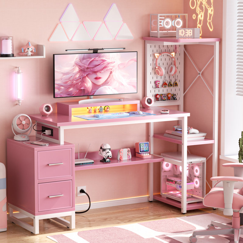 Bureau réversible en forme de L avec prises de courant et tiroirs en tissu, Rose/Blanc
