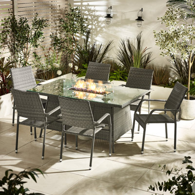 Guyapi Rattan Garden Dining Table With Smokeless Fire Pit Table & 6 Chairs