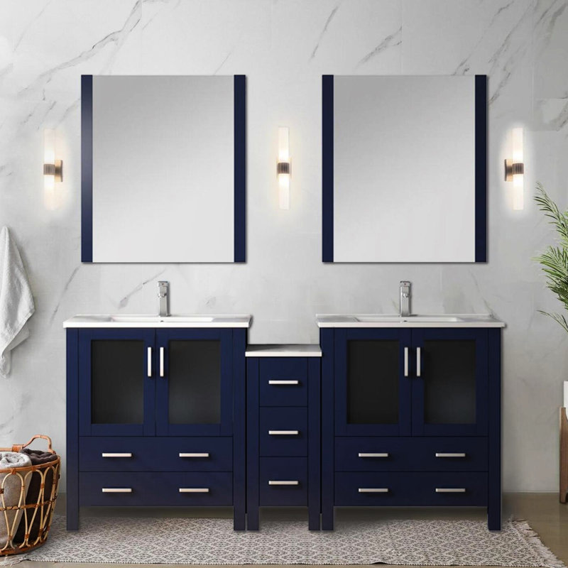 Meuble-lavabo double bleu marine 72 po Longueur, armoires latérales, plateau en céramique blanche, 28 miroirs, fermeture en douceur, espace de rangement intérieur spacieux, fonction de fermeture, longue durée