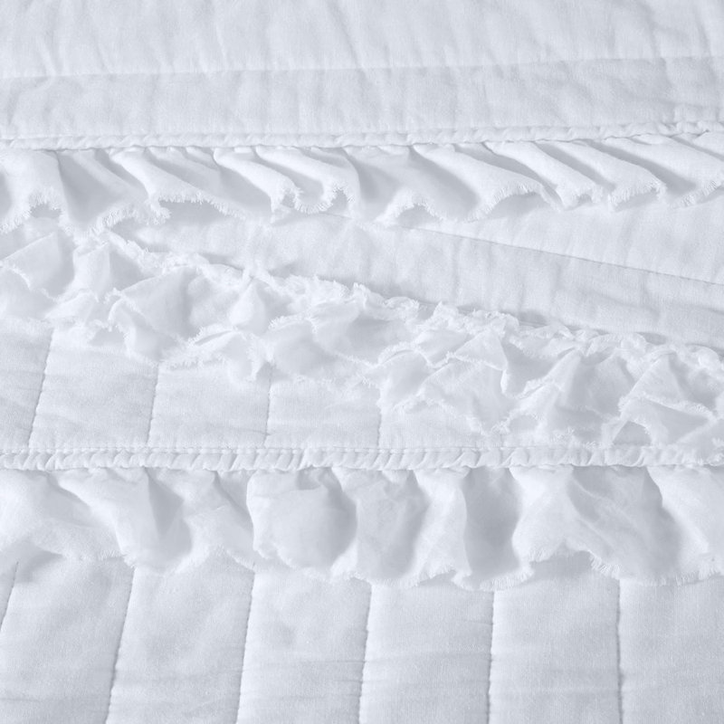 Bonnie Double Frayed Ruffled Edge Cotton Quilt Set, King Quilt + 2 King Shams, White