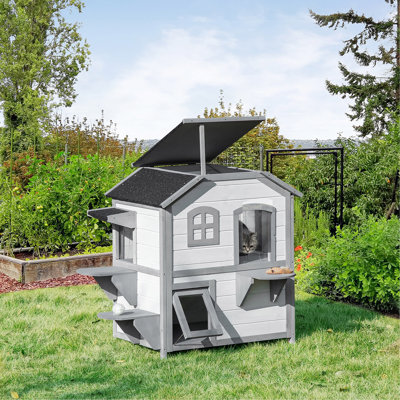Pawhut 2-Storey Cat House Outdoor, Weatherproof Wooden Cat Enclosure For Feral Cats With Escape Door, Openable Roof, Jumping Platforms, White