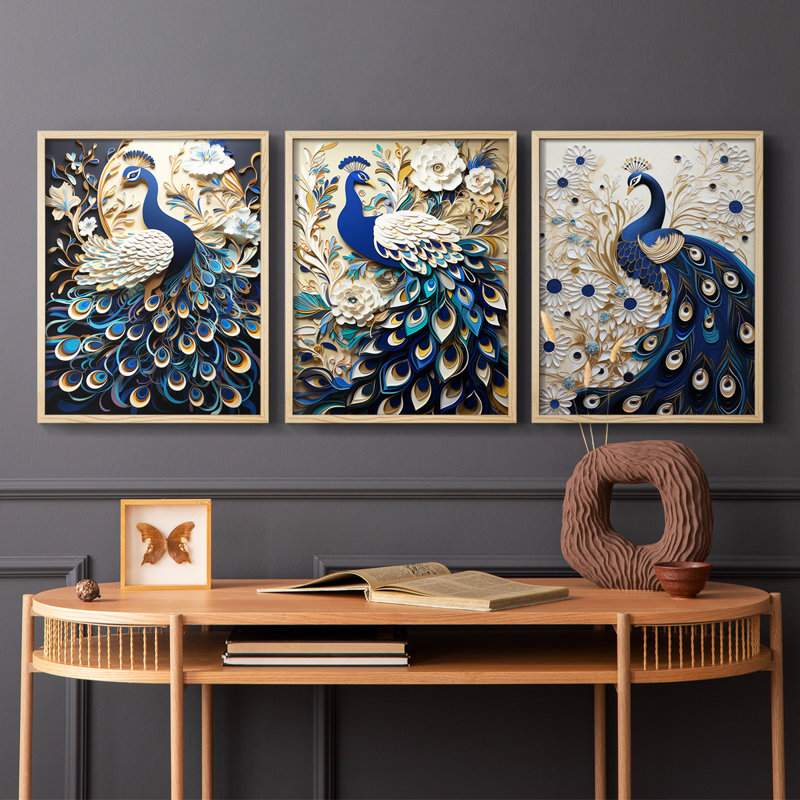 Série Peakcock Lxxv - ensemble de 3 estampes numériques encadrées - prêt à être accroché, Natural Framed, 20" H x 16" W