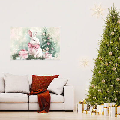 Grand grand lapin de Noël, art mural sur toile - Scène de vacances d'hiver avec lapin, arc rose, arbre, cadeaux pastel, peinture d'art pour chambre de campagne