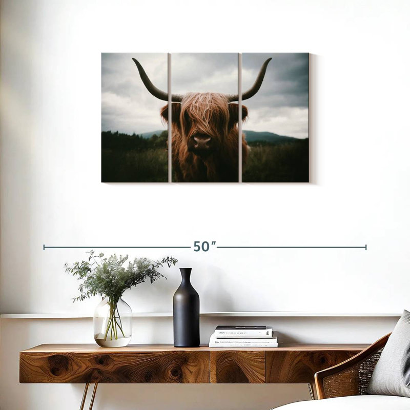 " Open Field Highland Cow " 3 - Pieces, 20" H x 33" W x 1.25" D