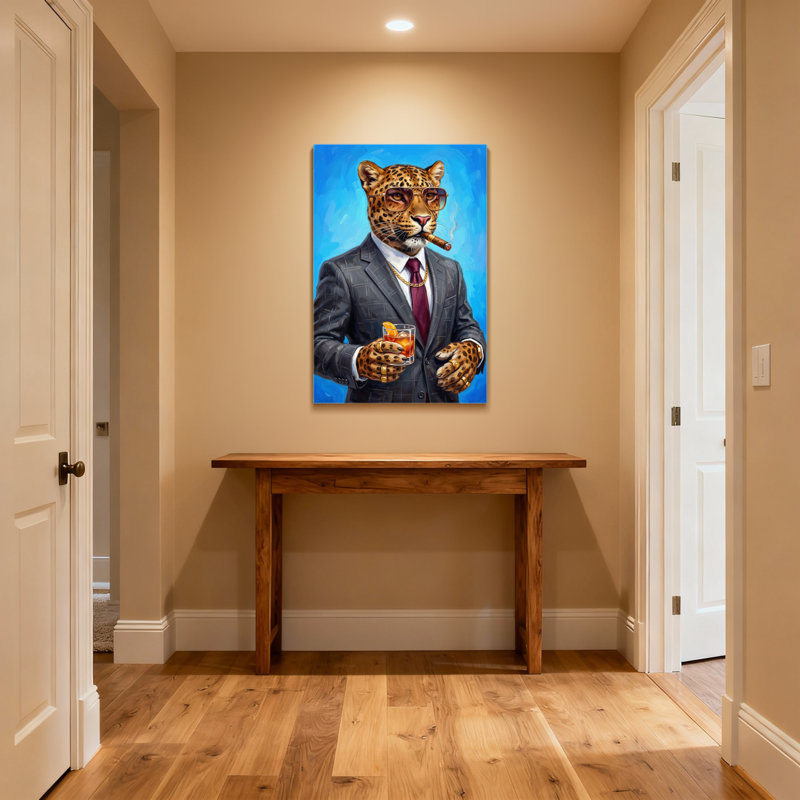 Animaux léopard en costume avec cigare et cocktail, H 24 po x l 36 po, Toile tendue, Ne s’applique pas
