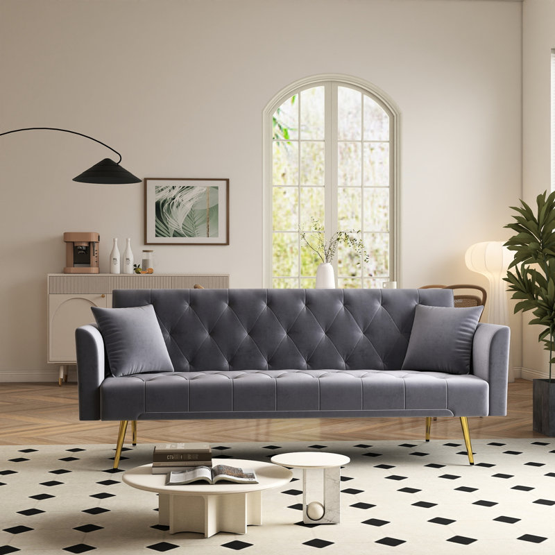 Canapé-lit pliable en velours gris de 72 pouces, style rétro américain, pour petits salons en velours, multi-fonctionnels