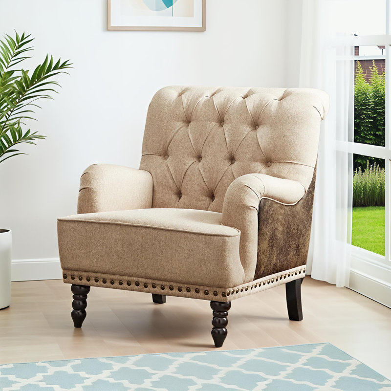 Fauteuil d'appoint à oreilles rembourré de 31,5 po de largeur Erithon, Tissage de performance beige