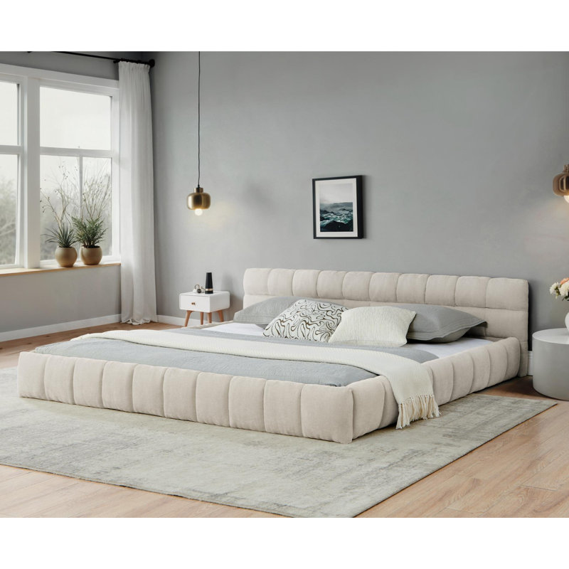 Très grand cadre de lit tapissier avec tissu épais, lit plateforme en chenille avec tête de lit et structure solide