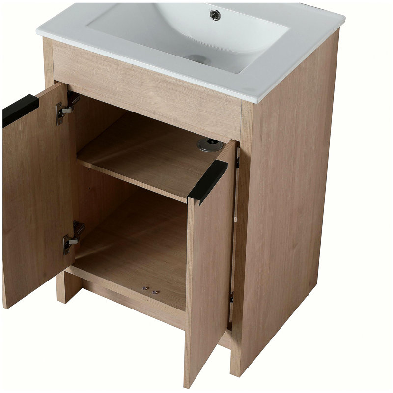 Meuble-lavabo autoportant avec lavabo en céramique blanche et 2 portes d'armoire à fermeture en douceur, 24"