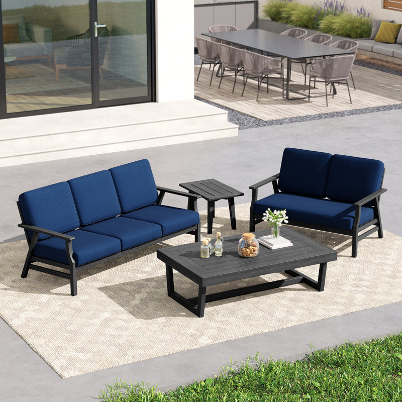 Shweta 4-Piece Outdoor Conversation Set, Perfect For Entertaining With Included Tables, Navy, Black