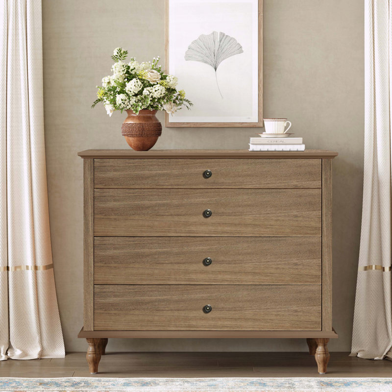 Grande commode à 4 tiroirs avec pied en bois massif, Naturel