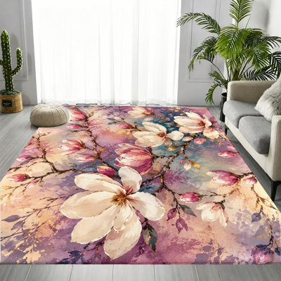 Tapis Vibrant Magnolia, motif floral artistique, tapis antidérapant doux et lavable à la machine, décoration intérieure pour salon, chambre à coucher, entrée, cuisine, appartement