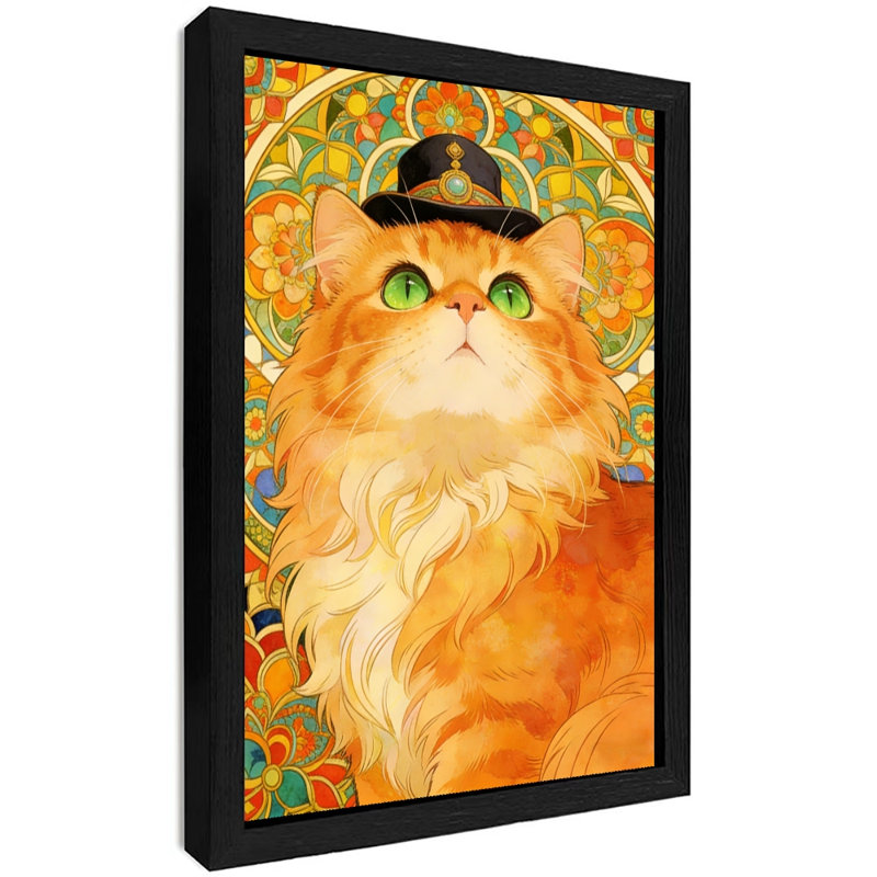 Reproduction d'art encadré noir avec joli chat orange rétro, H 11 po x l 9 po
