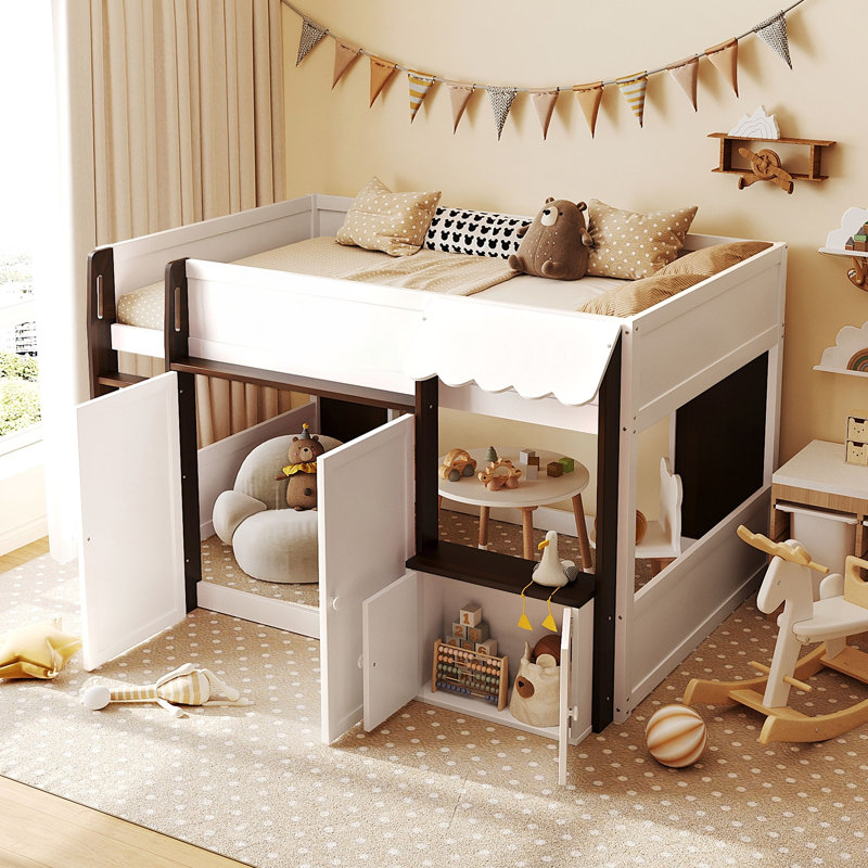 Lit mezzanine avec maisonnette et rangement, lit en bois moderne, Espresso/blanc