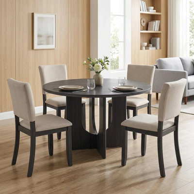 47.3" Round Dining Set with 4  Upholstered Dining Chairs, Modern Round Dining Table Set for 4, 5-Piece Round Dining Table Set for Living Room, Kitchen, Antique Black & Beige
