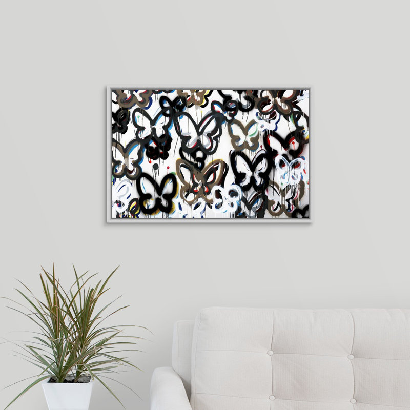 « papillon de fond ii », peinture sur toile, H 17,7 po x l 25,7 po x P 1,75 po, Cadre flottant blanc