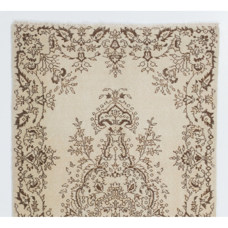 Tapis oriental rétro fait à la main en couleurs ivoire et brun