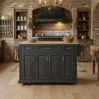 Large Black Rubberwood Kitchen Island With A Folding Countertop Featuring An Embossed Texture. Four-Wheeled Movement, Multiple Doors And Drawers For Maximum Storage.