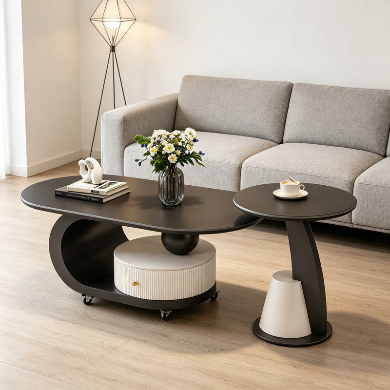 Table basse minimaliste avec tiroir à roulettes, Noir, H 17,71 po x L 35,43 po x l 17,71 po, Noir