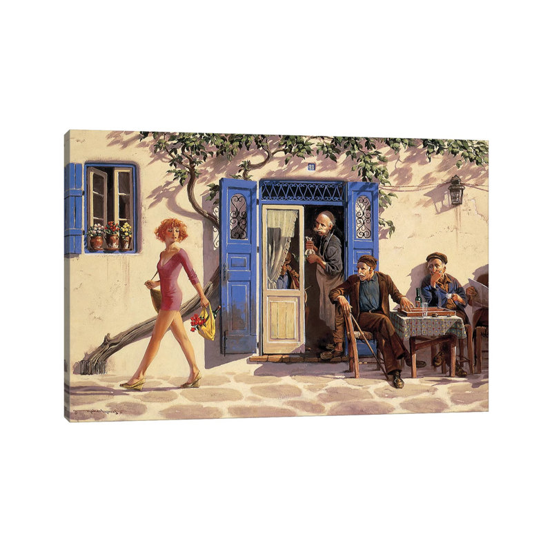 «Les hommes politique de Mykonos» par Maher Morcos - peinture sur toile tendue, H 12 po x l 18 po x 1,5 po