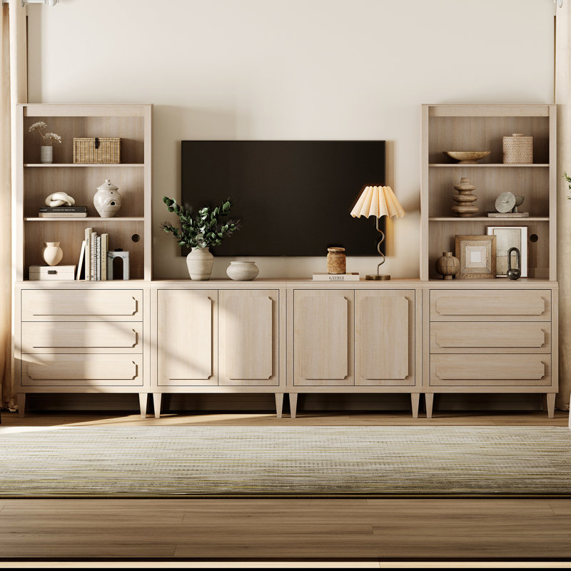 Meuble télé avec bibliothèque Eberle, centre de divertissement modulaire 126 po avec 8 portes, Beige