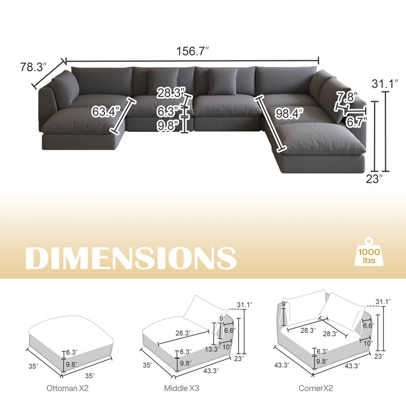 156.7'' Oversized U Shaped 7 Piece Modular Cloud Sectional Sofa With Ottoman, Black Velvet