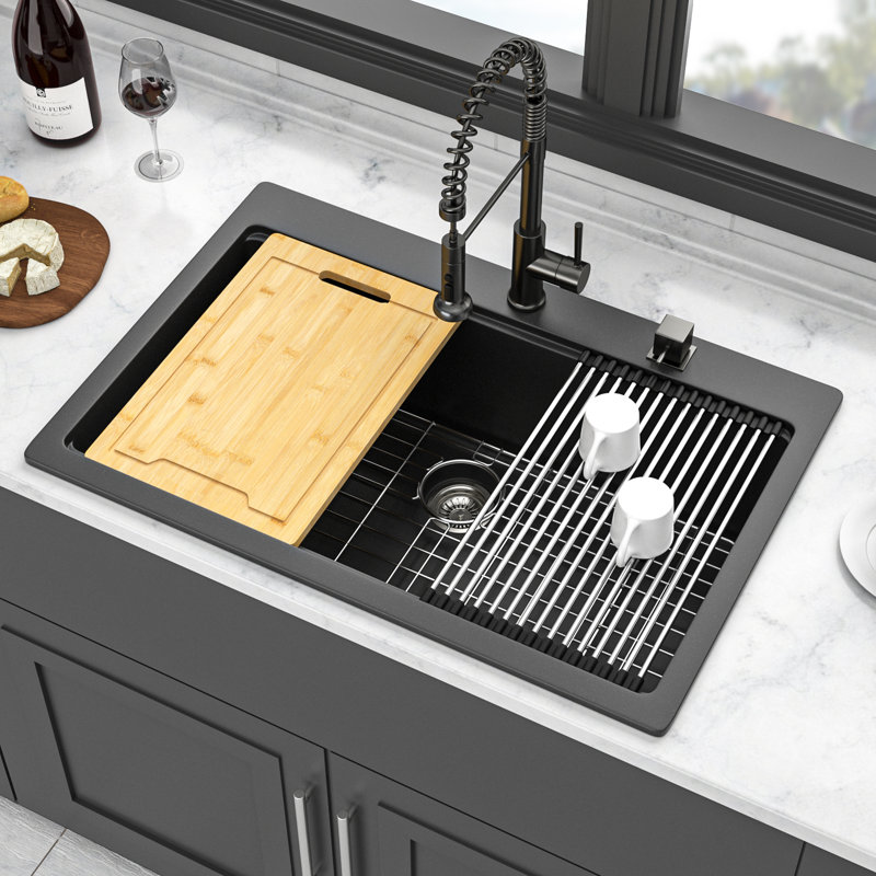 Évier de cuisine encastré en granite noir, station de travail en quartz 33 po x 22 po | Idée de cadeau