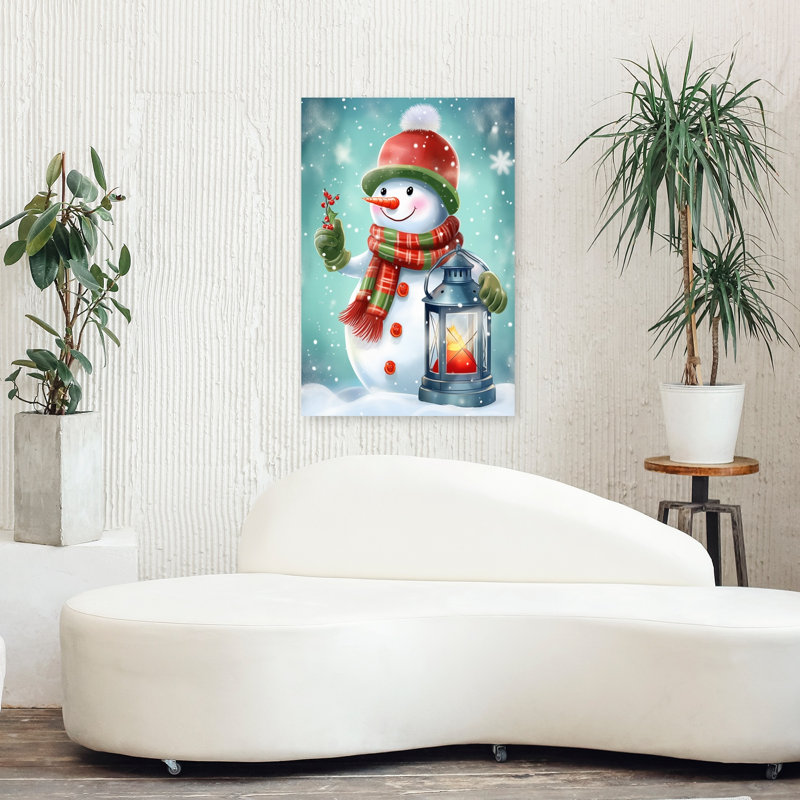 Fête de bonhomme de neige lanterne abstraite, paysage contemporain d'art mural, H 36 po x l 24 po