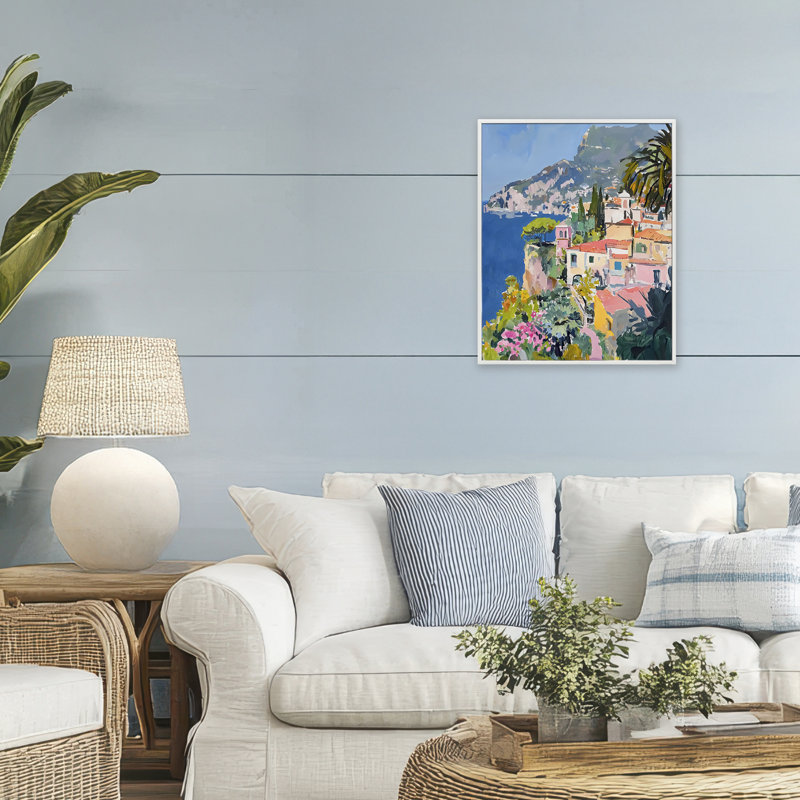 Giclée encadrée de la côte italienne, design par Riley B, H 20 po x l 16 po, Estampe numérique encadrée blanc bord de mer
