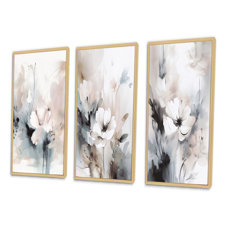 «Delicate Gray Flowers», 3 pièces sur toile, Cadre naturel flottant, H 20 po x l 36 po