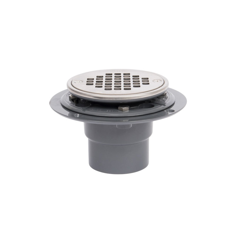 Baril de drain rond en PVC 2 po et crépine à visser en nickel brossé avec anneau, Nickel brossé