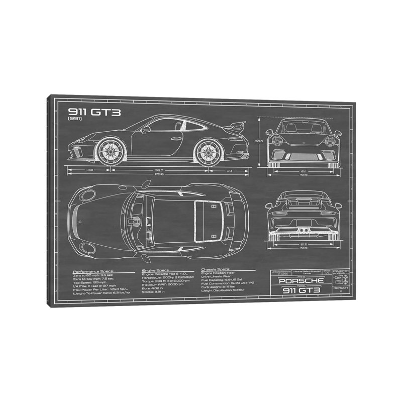 Porsche 911 GT3 Black by Action Blueprints - Wrapped Canvas Print, 152.5 cm H x 101.5 cm W
