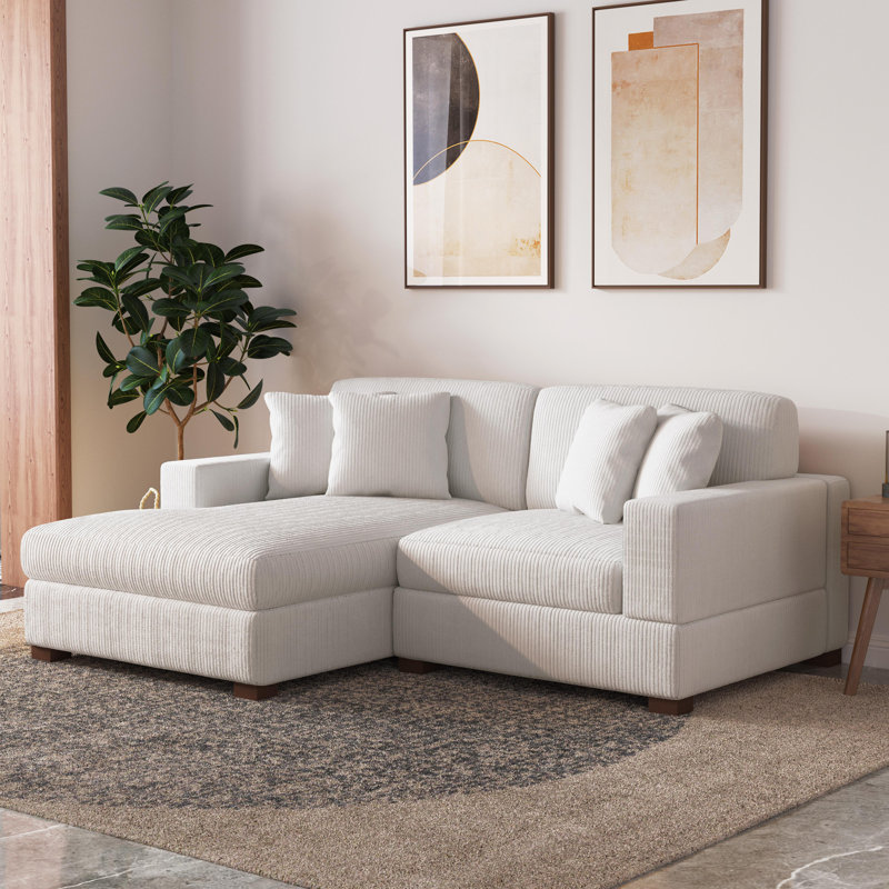 2 - Piece Upholstered Beige Corduroy Modular Sectional Sofa with Pillow Back and Solid Wood Legs, Beige Corduroy