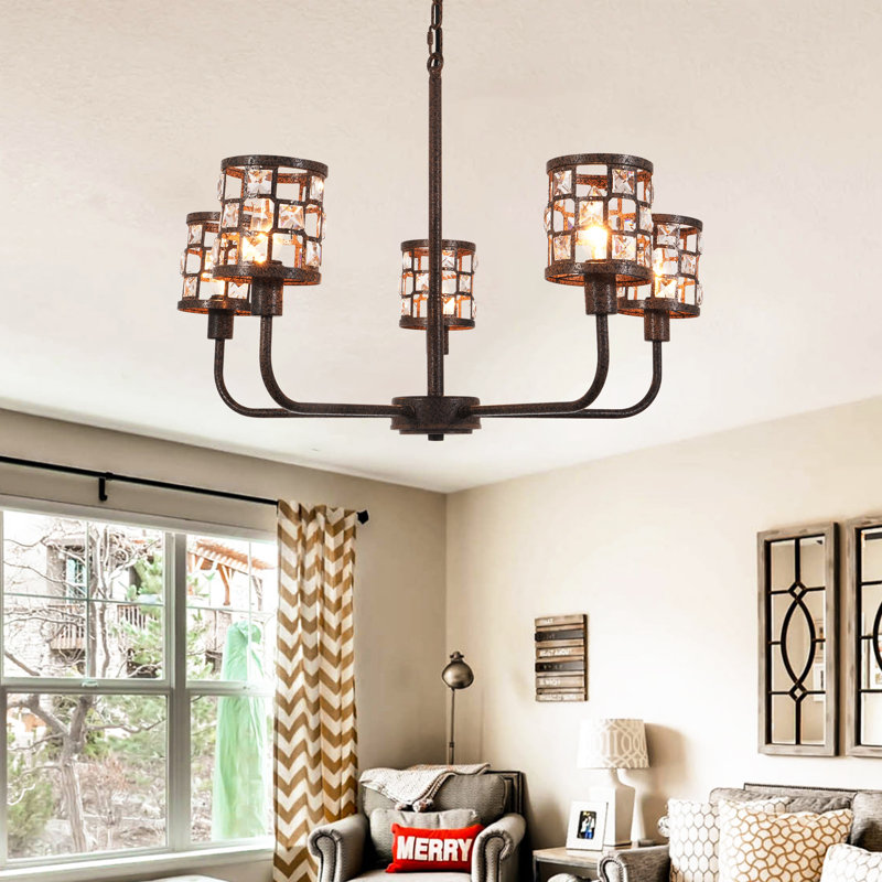 5 Light Dimmable Farmhouse Chandelier, Retro Iron Rust Lighting With Crystal Decorations
