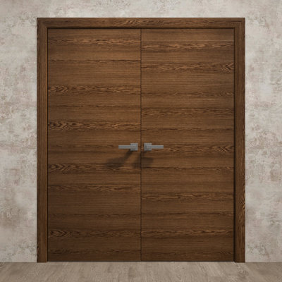 Portes doubles françaises intérieures pleines 36 x 96 pouces Ego 5000 en chêne cognac, cadre à panneaux pleins, portes modernes pour placard et chambre à coucher