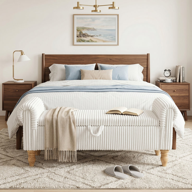 Banc de rangement rembourré en velours côtelé de 55 po de largeur pour lit de bout 55 po, Blanc, crème, 20" H x 55" L x 17" D