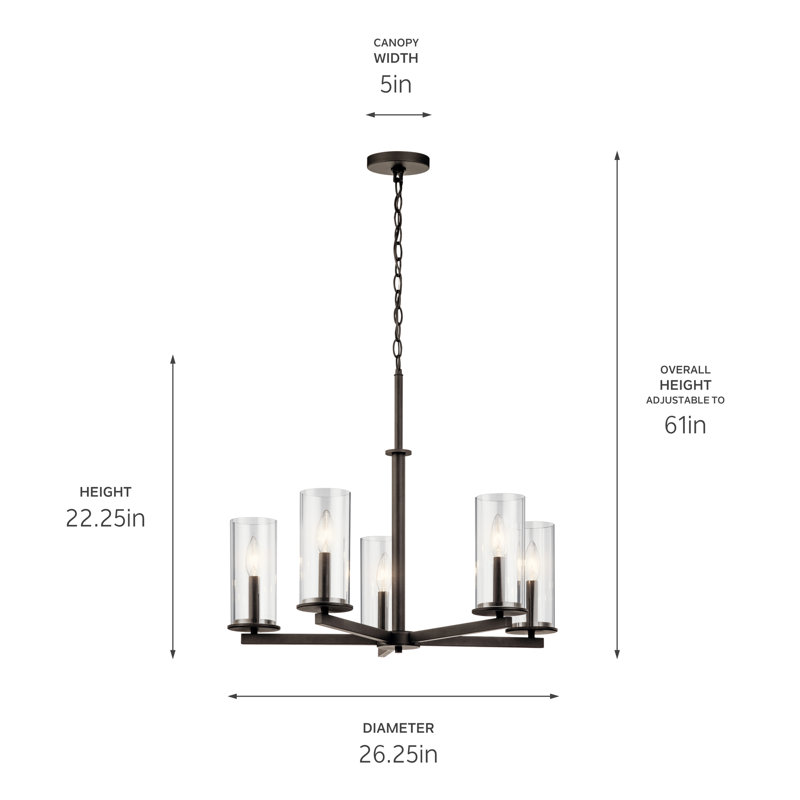 Lustre en bronze 5 lumières Crosby avec abat-jour en verre transparent, Bronze vieilli